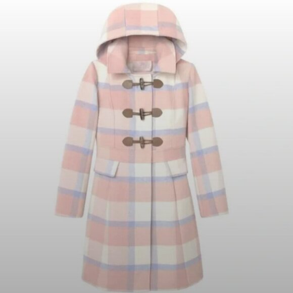 Gal Meets Glam Size L Pink Annelise Plaid Wool Hooded Coat NEW! - Picture 2 of 8